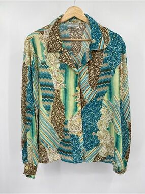 y2K Swann Women's  Vintage Retro Patterned Sheer Abstract Button Up Blouse 14